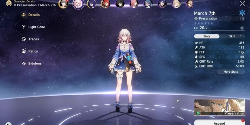 Honkai Star Rail ascension system character level upgrade screen
