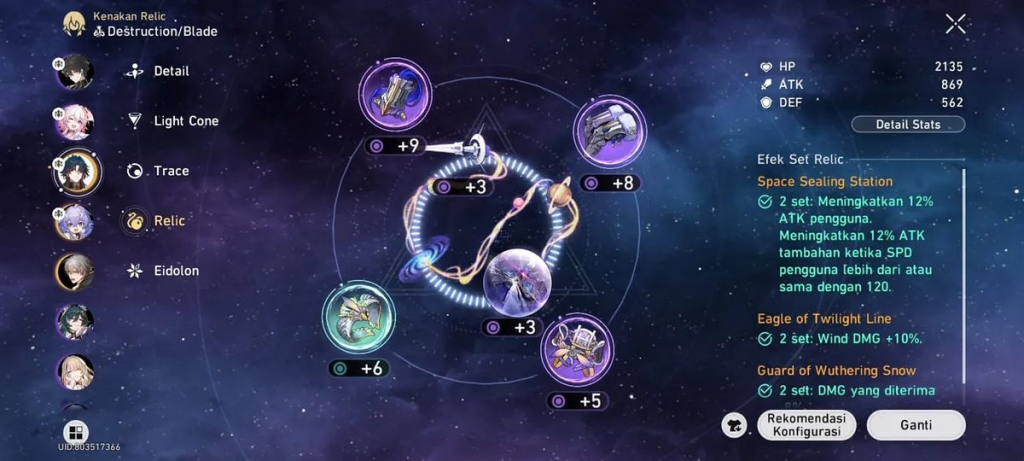 Honkai Star Rail traces skill tree interface example