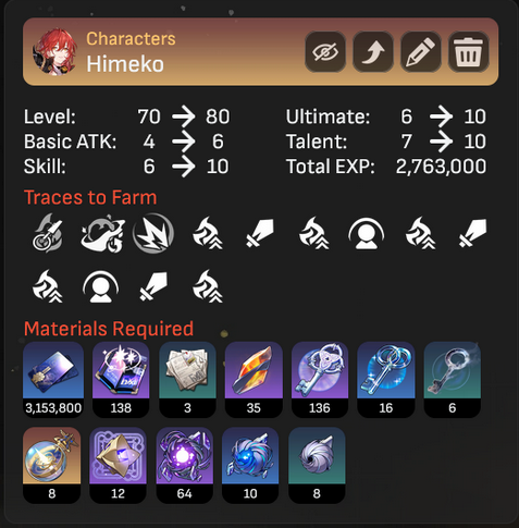 Honkai Star Rail trace upgrade materials cost screen