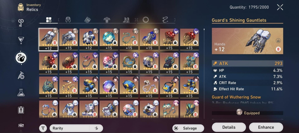 Honkai Star Rail Relics inventory screen