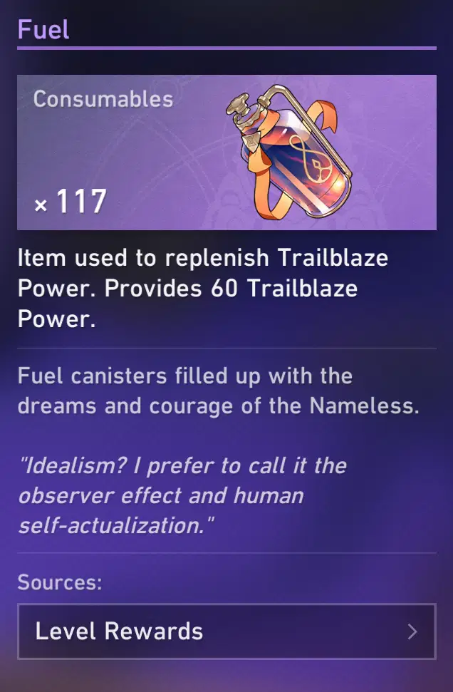 Honkai Star Rail Fuel consumable item description