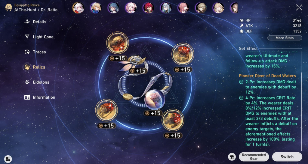 Honkai Star Rail Dr. Ratio Relics build screen