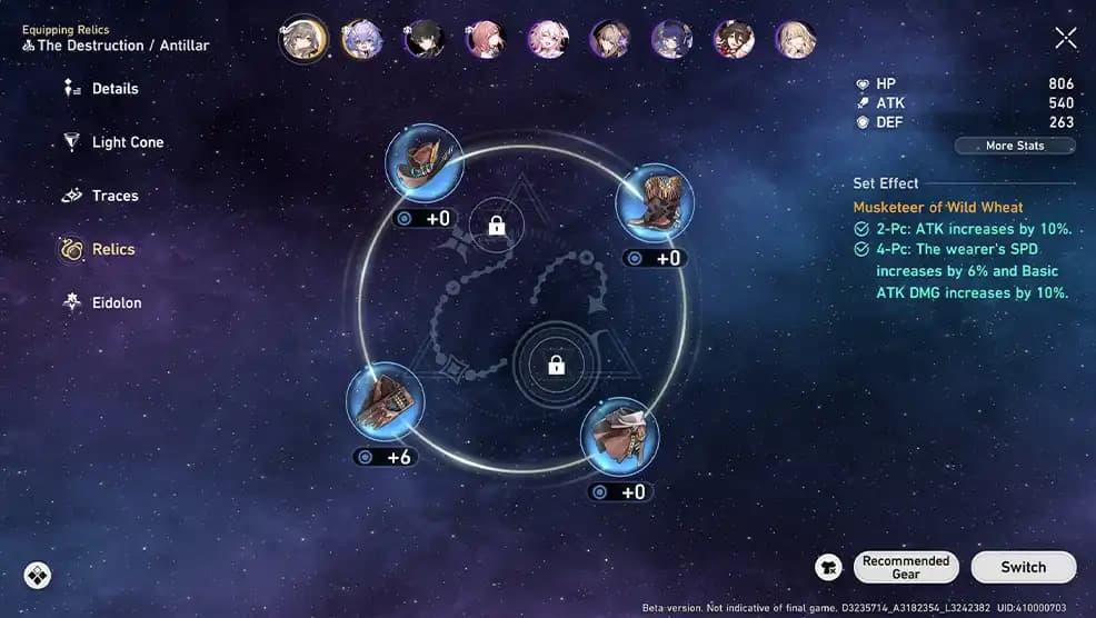 Honkai Star Rail character relic equip screen