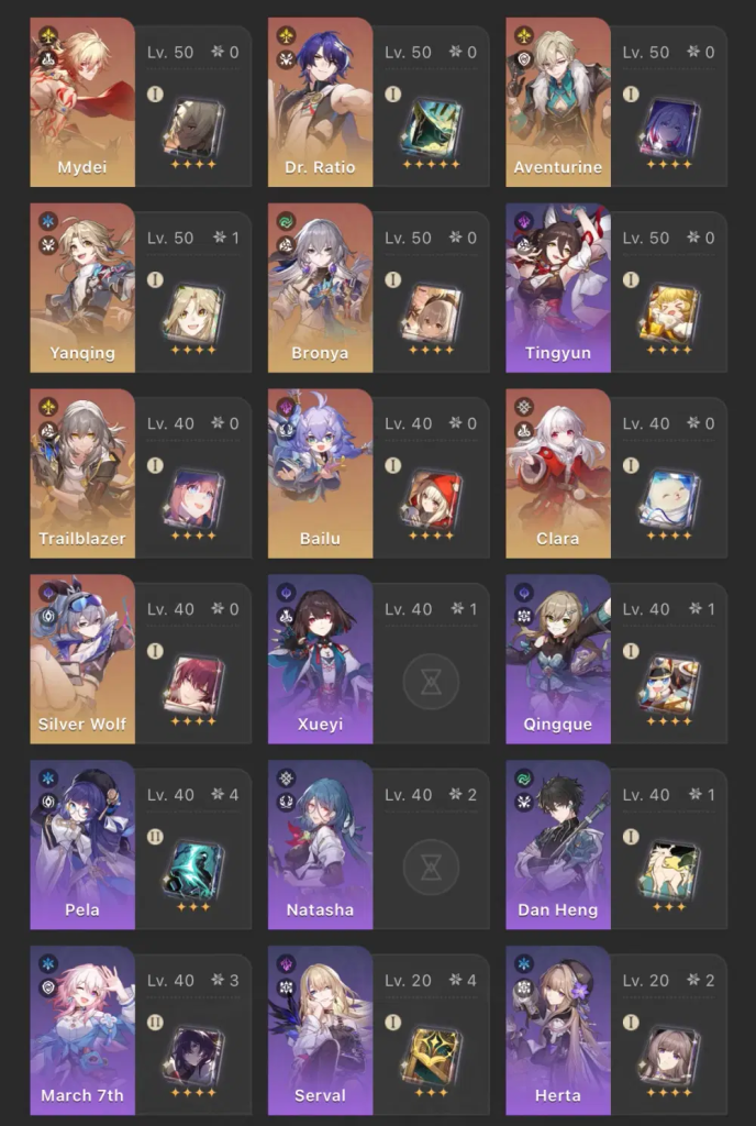 Honkai Star Rail character inventory list