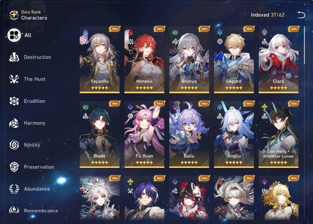 Honkai Star Rail character data bank screen