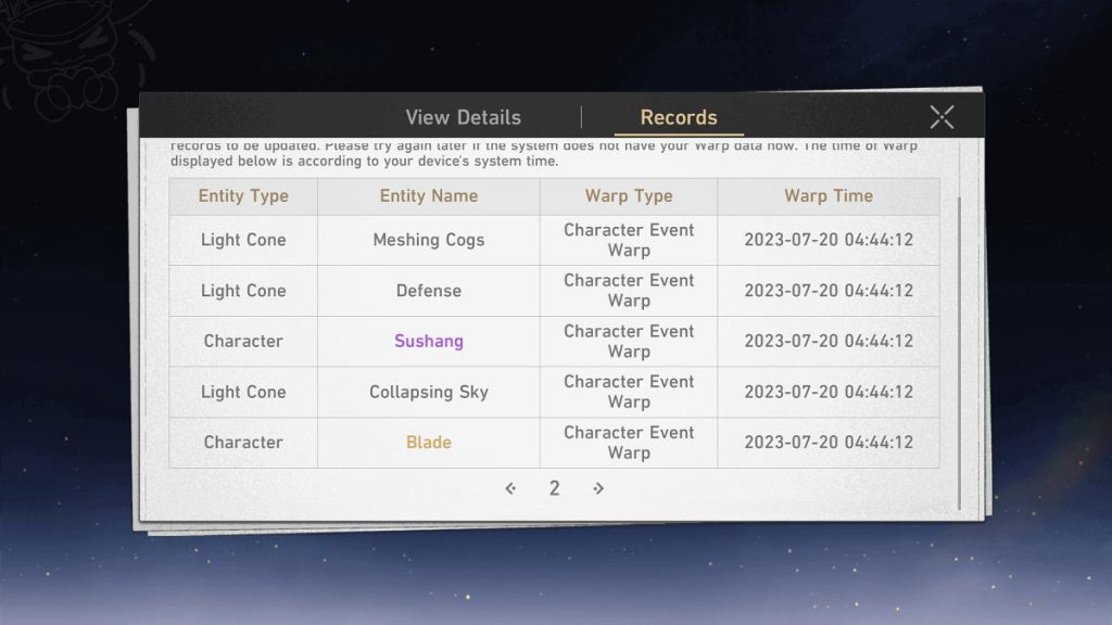 Honkai Star Rail Warp Records history screen