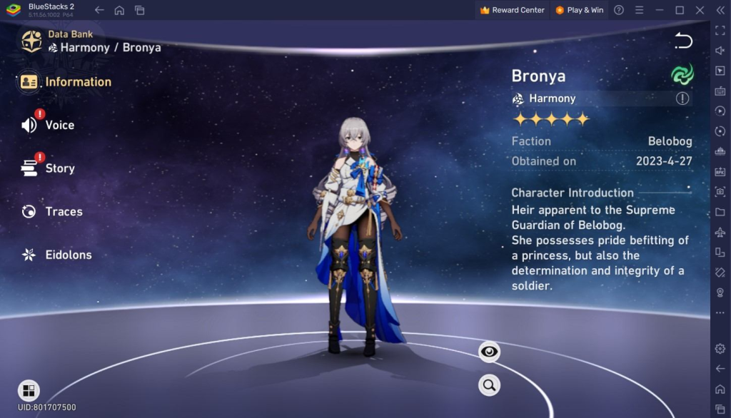 Honkai Star Rail Bronya character profile screen