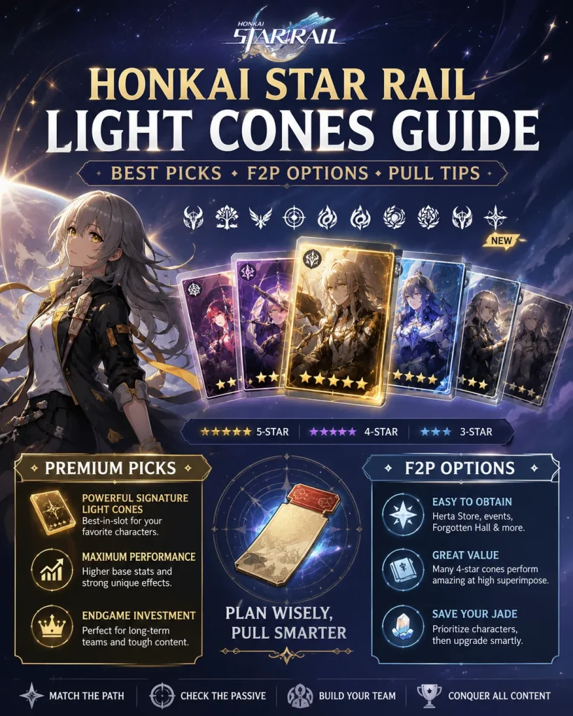 Honkai Star Rail light cones guide showing best picks F2P options and pull tips