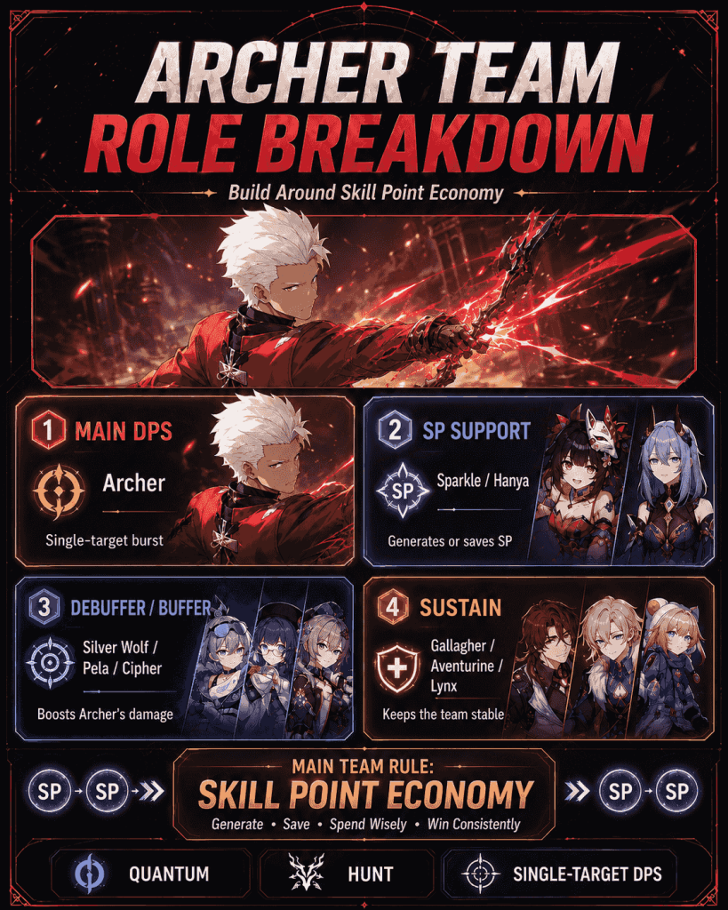 Archer HSR team role breakdown for DPS support debuffer and sustain