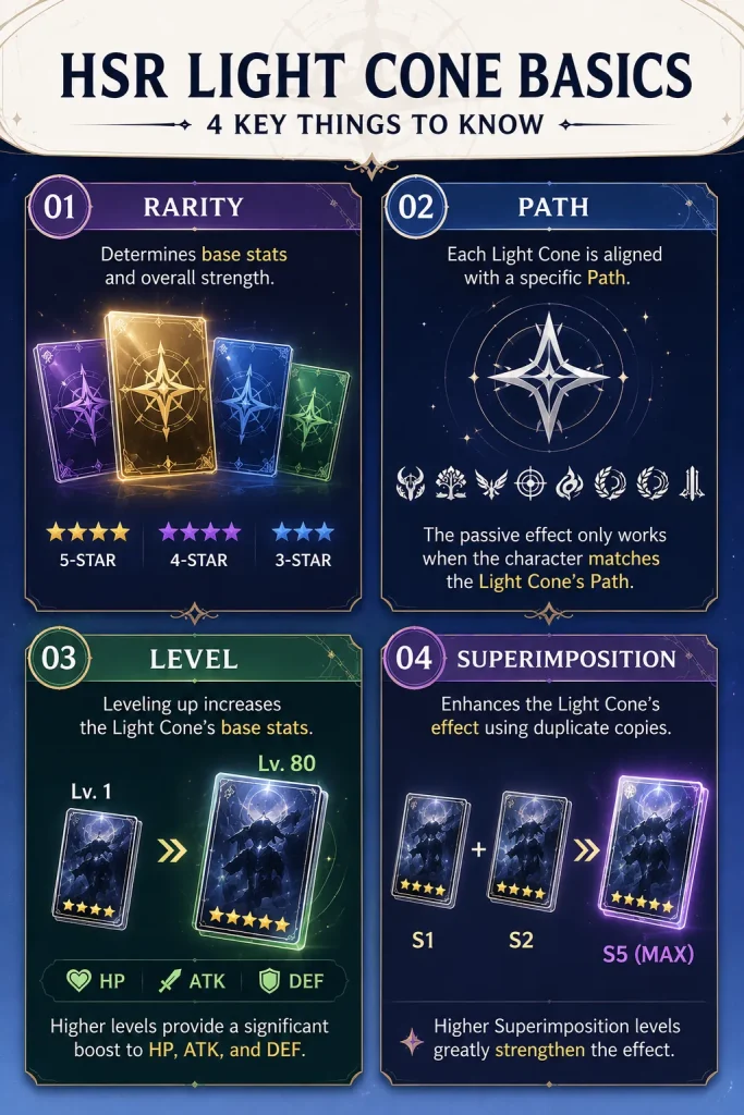 HSR light cone basics showing rarity path level and superimposition