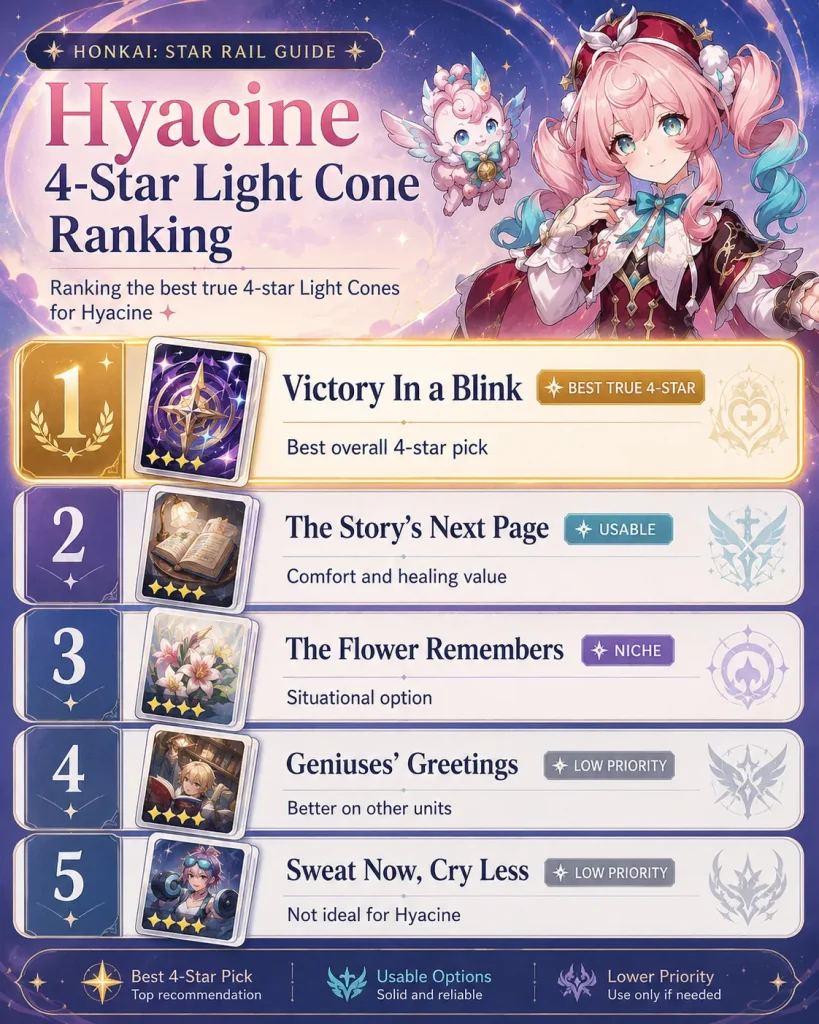 Hyacine 4-star Light Cone ranking with Victory In a Blink as the best true 4-star pick
