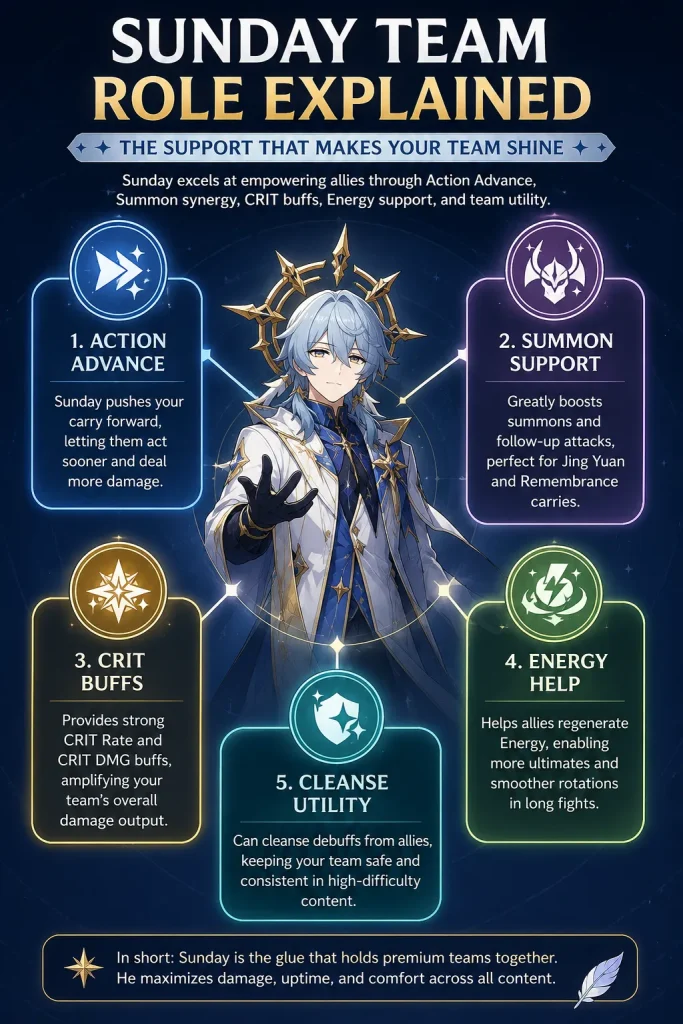 Sunday team role explained in HSR with action advance summon support crit buffs and energy utility