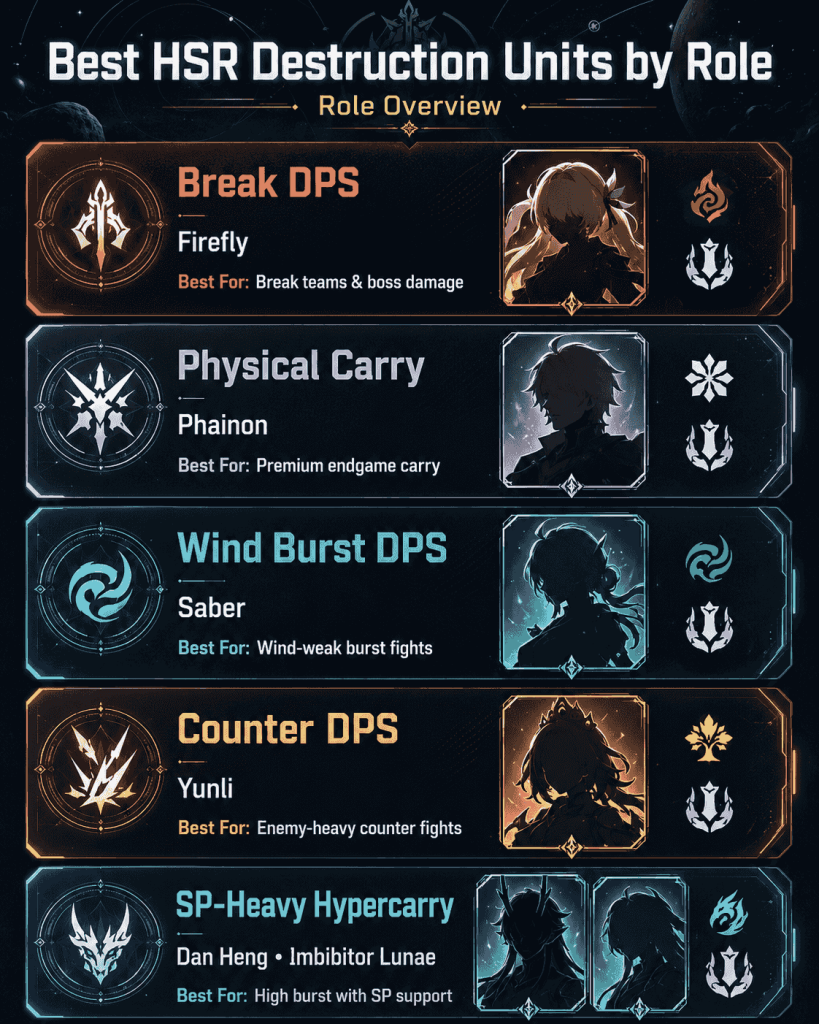 Best HSR Destruction units by role including Break DPS counter DPS and HP scaling DPS