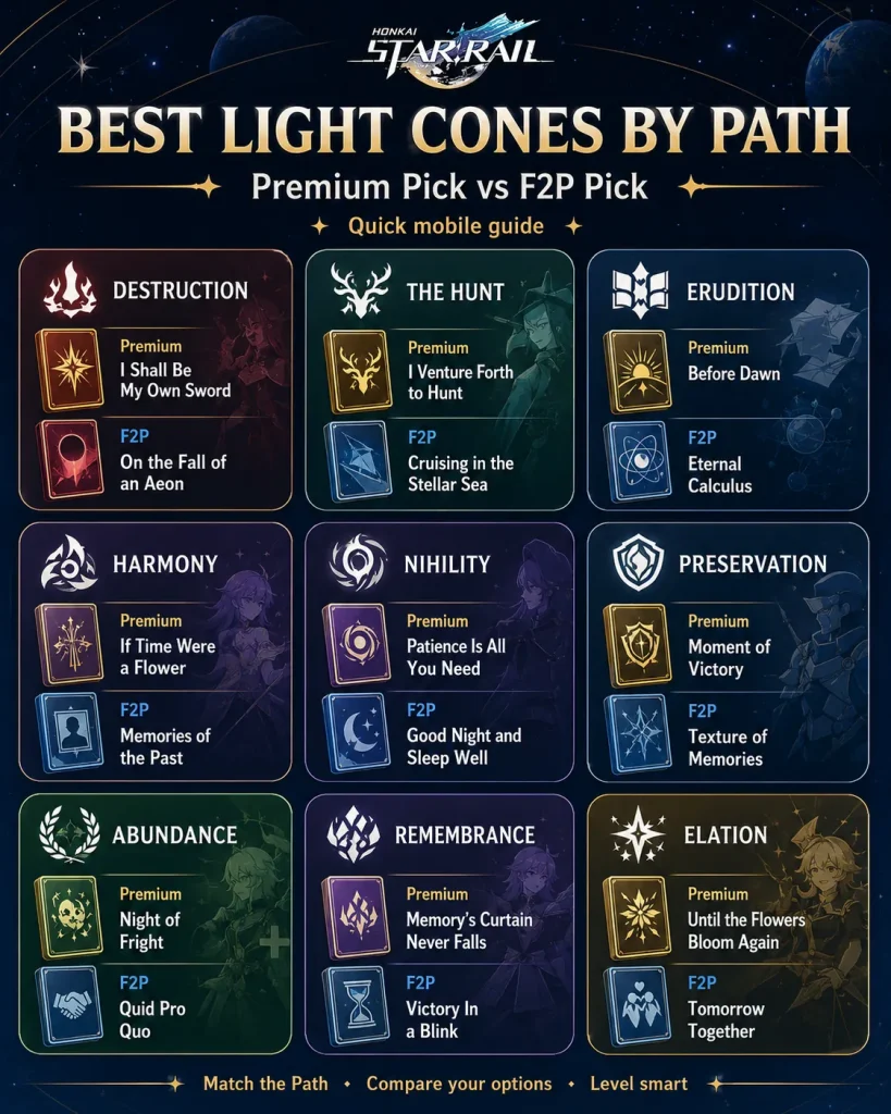 Best Honkai Star Rail light cones by Path including F2P and premium picks