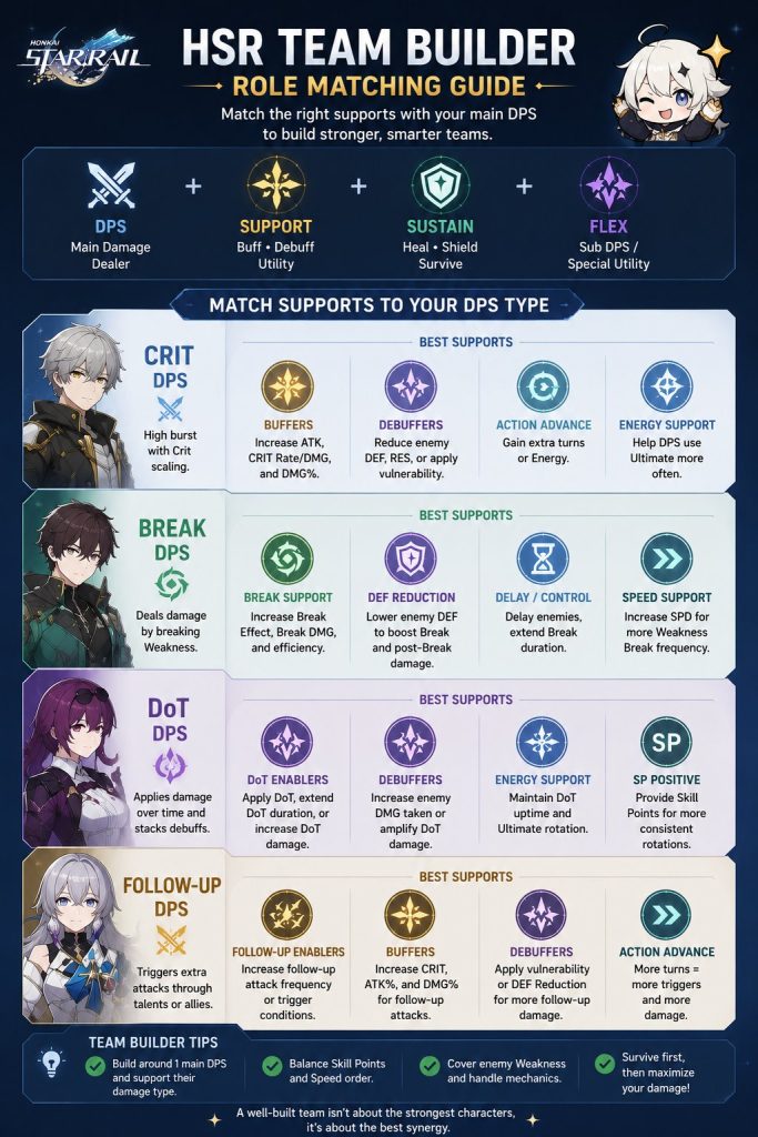 HSR team builder support matching chart for Crit Break DoT and follow up DPS