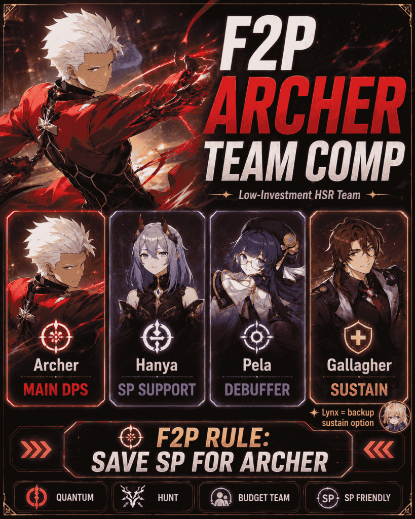 F2P Archer team comp in Honkai Star Rail with Hanya Pela and Gallagher