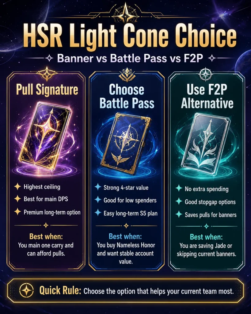 HSR Light Cone banner versus Battle Pass Light Cone choice comparison 