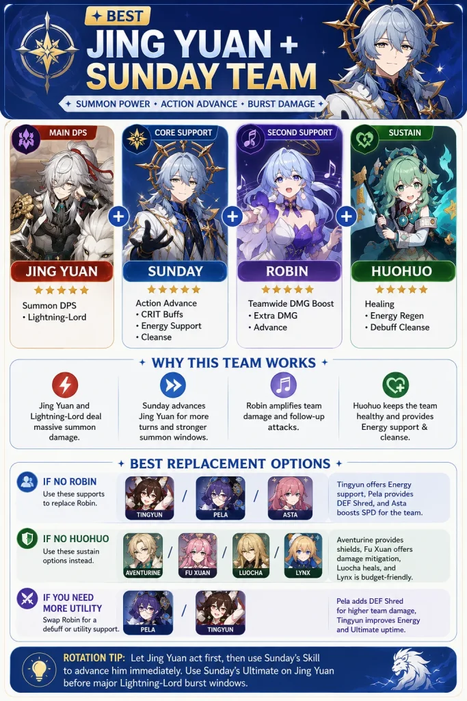 Jing Yuan Sunday team in HSR with Robin Huohuo and Aventurine replacement options