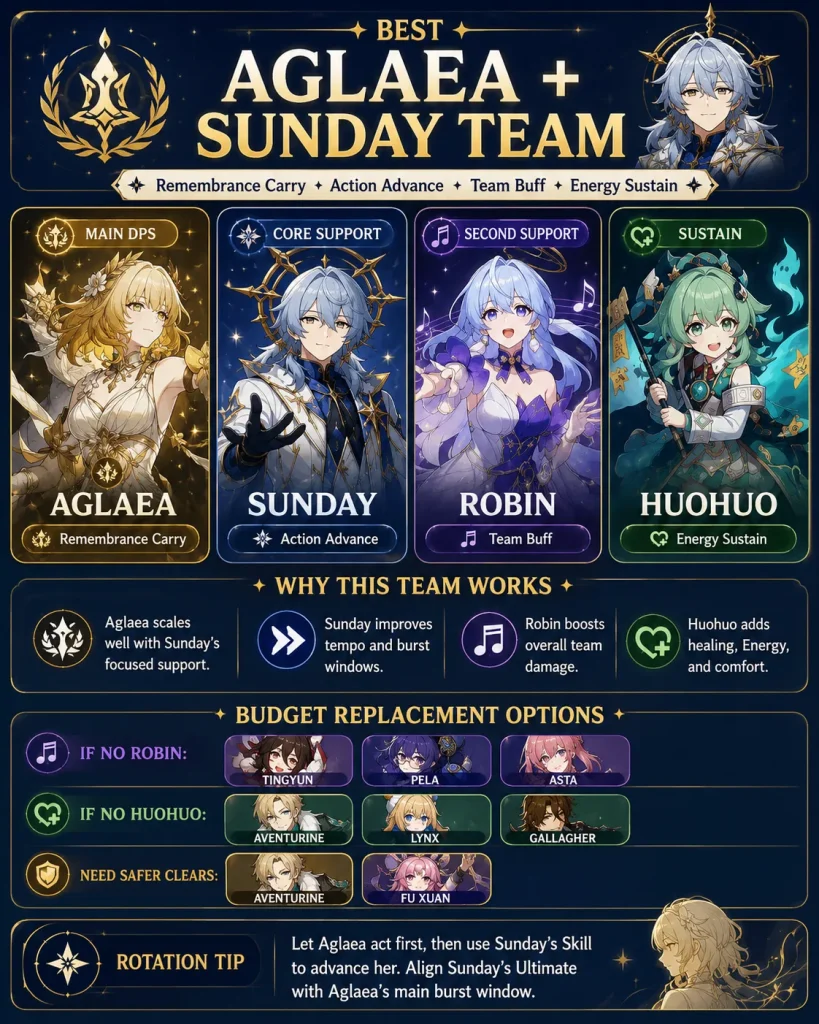 Aglaea Sunday Remembrance team in HSR with Robin Huohuo and budget replacement options