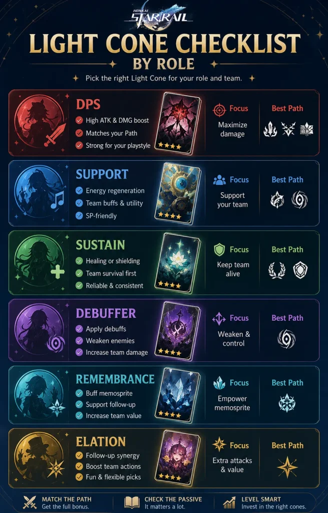 Honkai Star Rail light cone checklist by DPS support sustain debuffer Remembrance and Elation roles