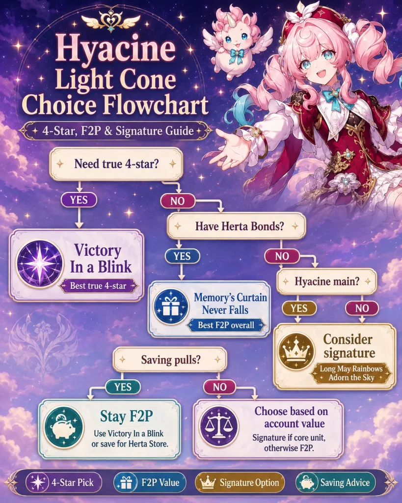 Hyacine Light Cone choice flowchart for 4-star F2P and signature options