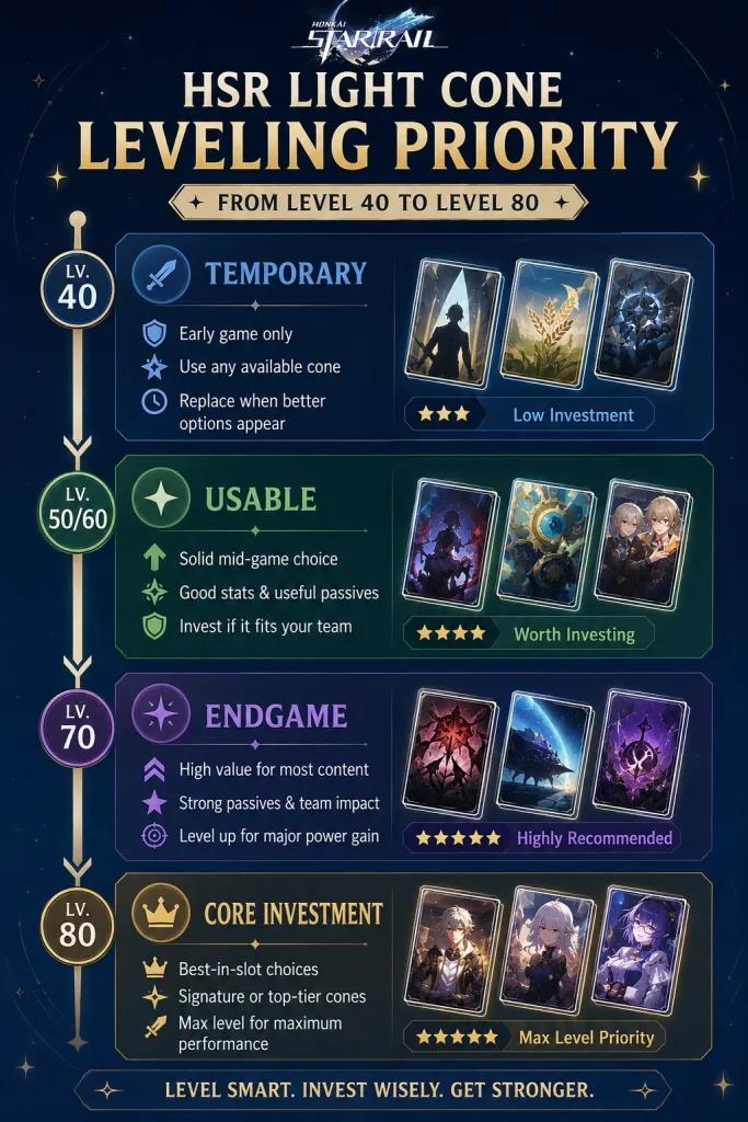 HSR light cone leveling priority from level 40 to level 80