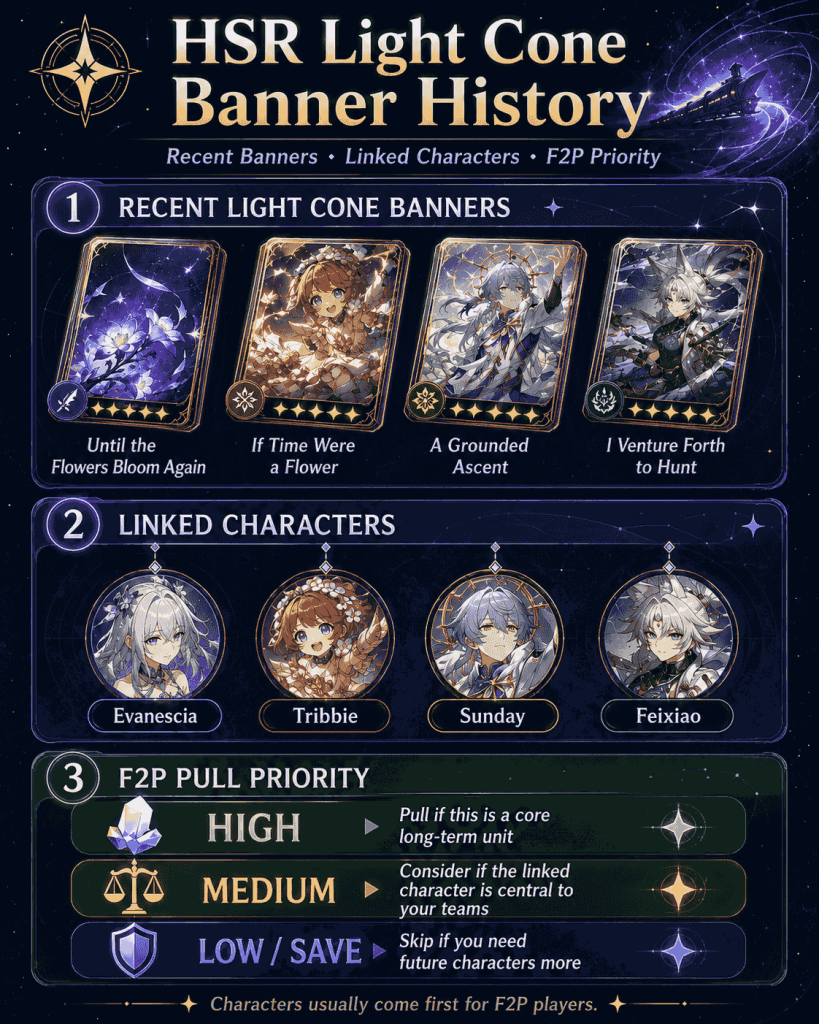 HSR Light Cone banner history and F2P pull priority guide