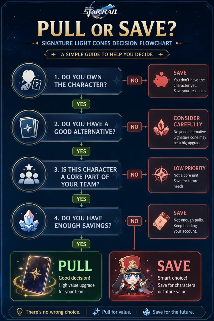 Honkai Star Rail pull or save decision flowchart for signature light cones