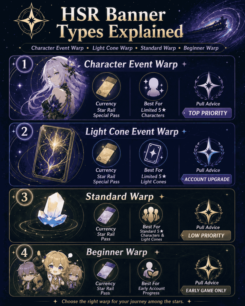 HSR banner types explained for Character Event Warp and Light Cone Warp