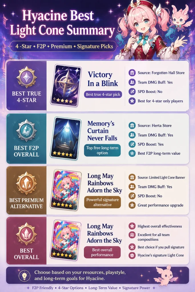 Hyacine best Light Cone summary for 4-star F2P premium and signature choices
