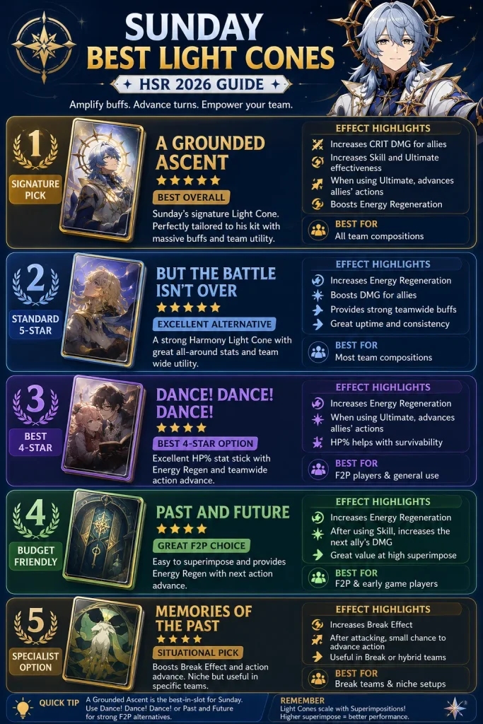 Sunday best Light Cones in HSR 2026 including A Grounded Ascent and F2P options