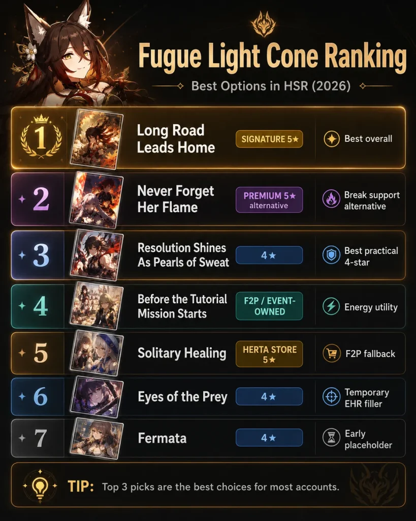 Fugue Light Cone ranking table with Long Road Leads Home Never Forget Her Flame Resolution and F2P options