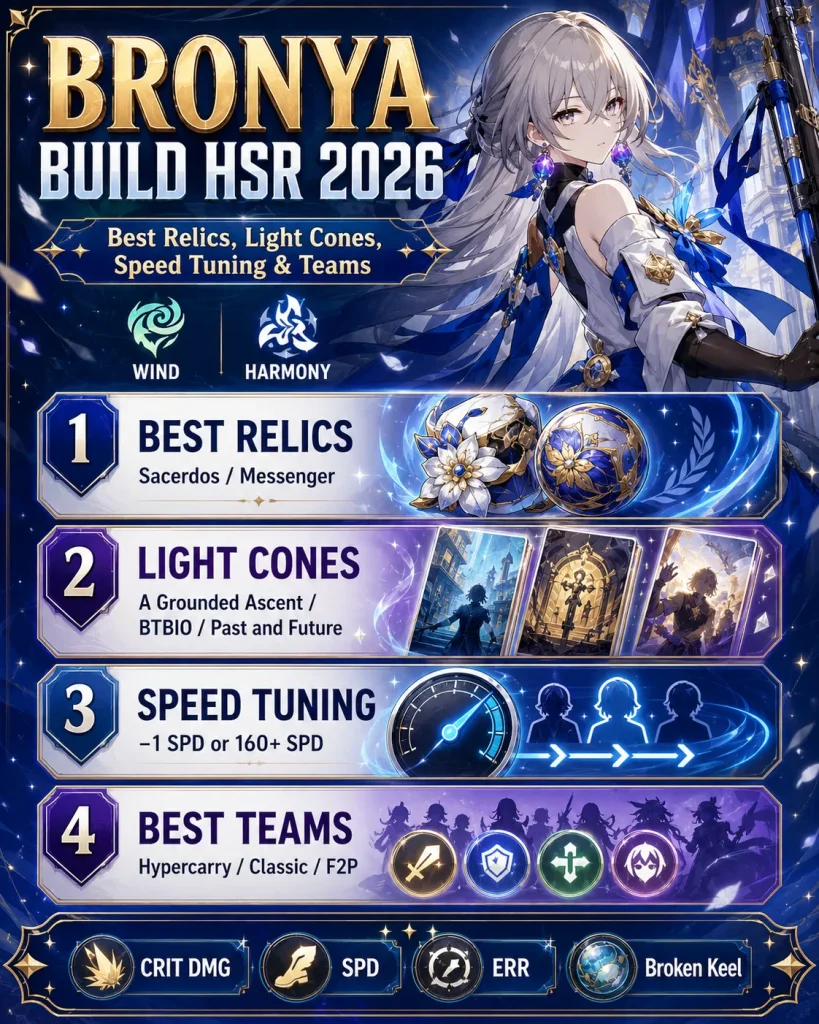 Bronya build HSR 2026 overview with relics light cones speed tuning and teams