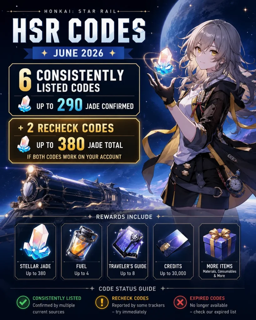 Honkai Star Rail codes June 2026 with 290 confirmed Jade and up to 380 total Jade