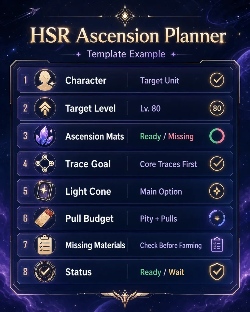 HSR ascension planner template example for materials traces light cones and pull budget