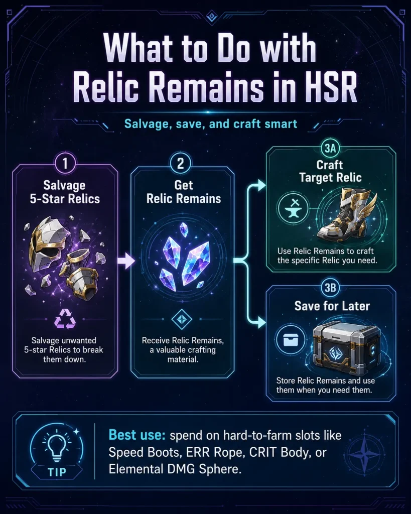 What to do with Relic Remains in HSR guide showing salvage craft and save options 
