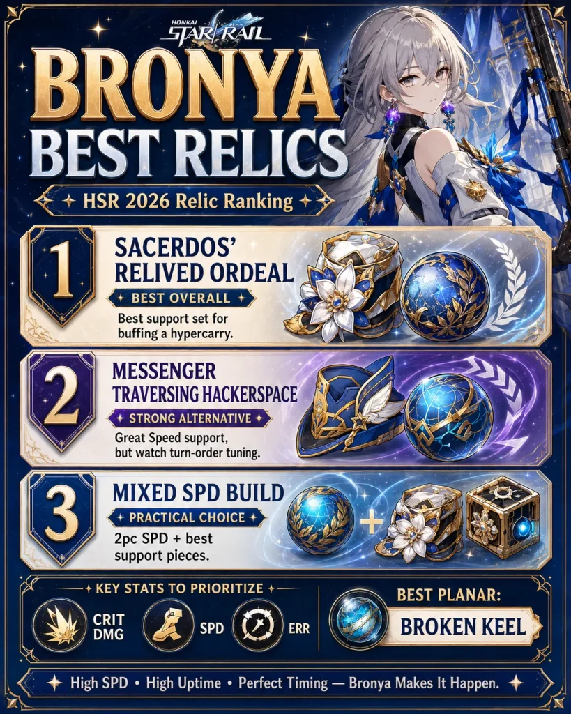 Bronya best relics HSR 2026 including Sacerdos Messenger and Broken Keel