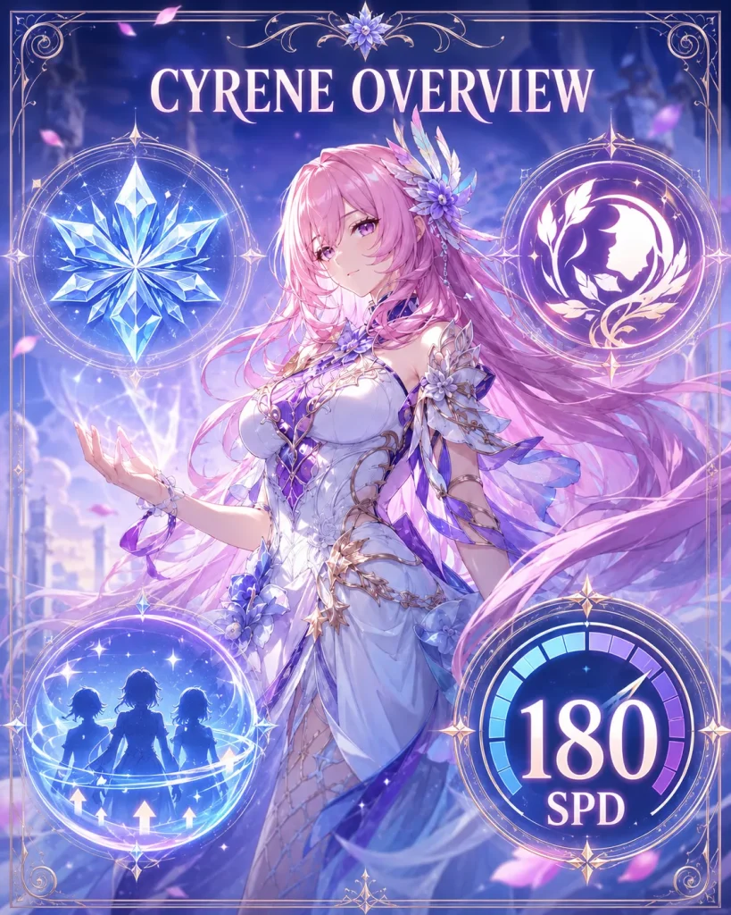 Cyrene build overview with role element Path relics Light Cone and speed target