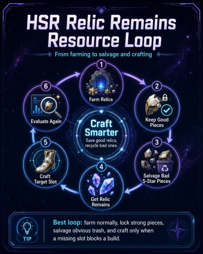 HSR Relic Remains resource loop from relic farming to salvage and crafting 