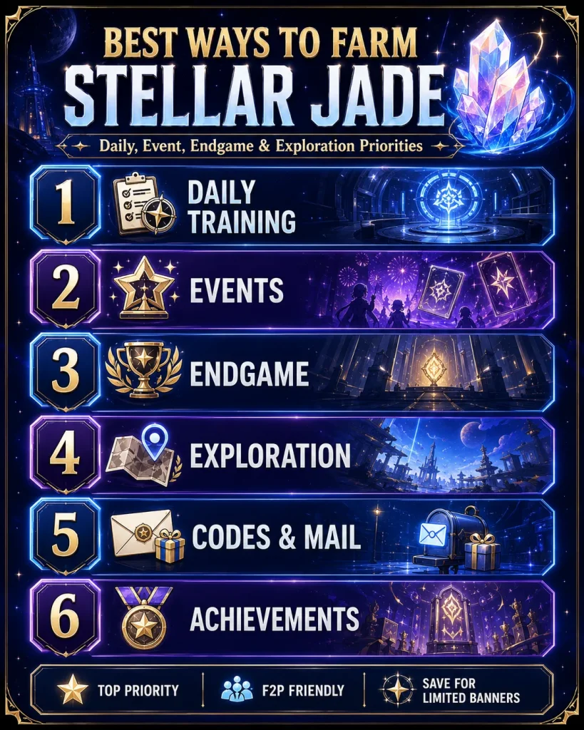 Best ways to farm Stellar Jade in HSR including daily training events endgame exploration and codes