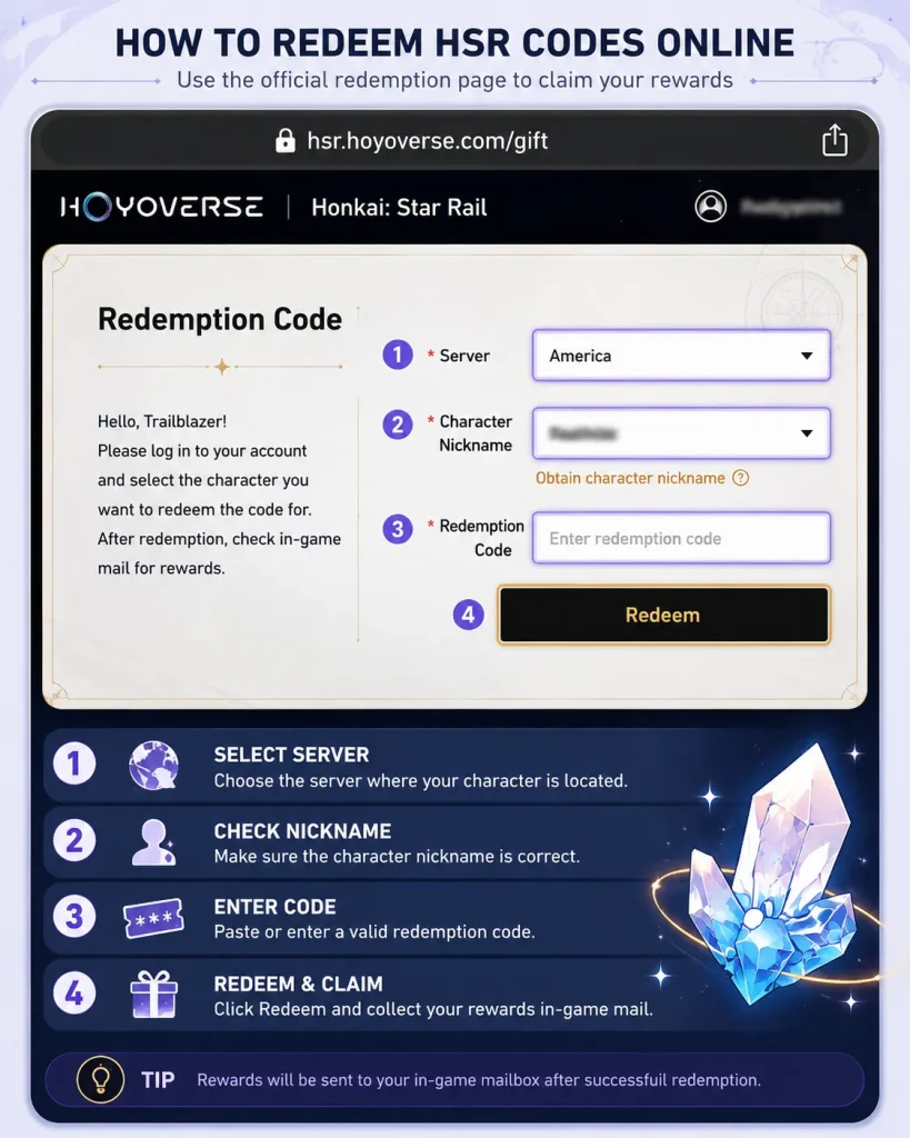 Official Honkai Star Rail code redemption page with server and redemption code fields