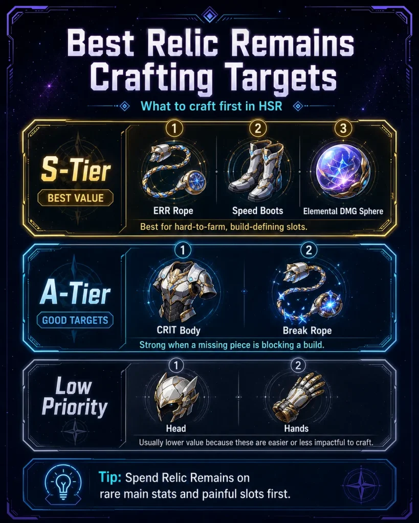 Best Relic Remains crafting targets in HSR including Speed Boots ERR Rope and CRIT Body
