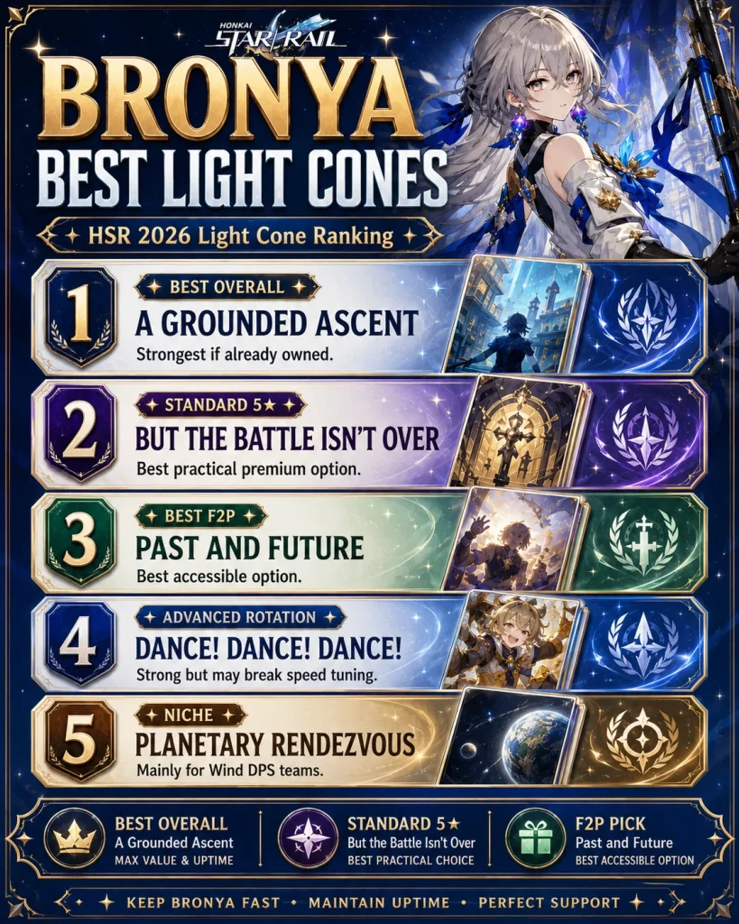 Bronya best Light Cones HSR 2026 including A Grounded Ascent But the Battle Isnt Over and Past and Future
