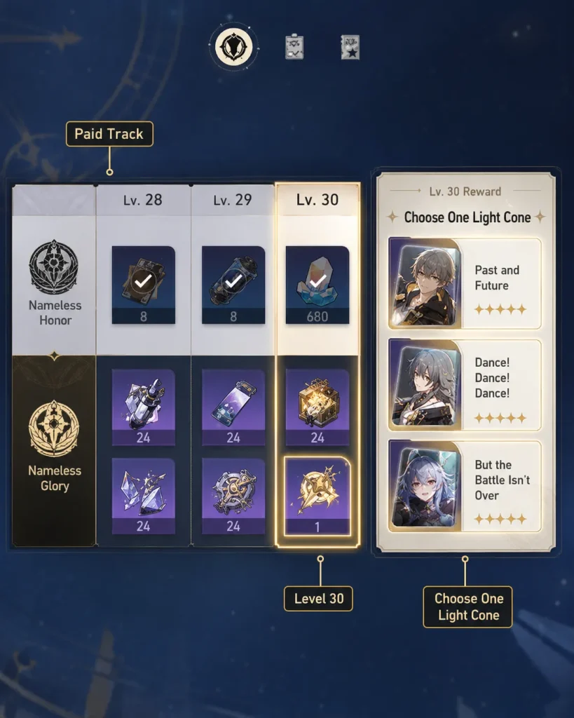 Nameless Honor Level 30 Light Cone selection screen in Honkai Star Rail
