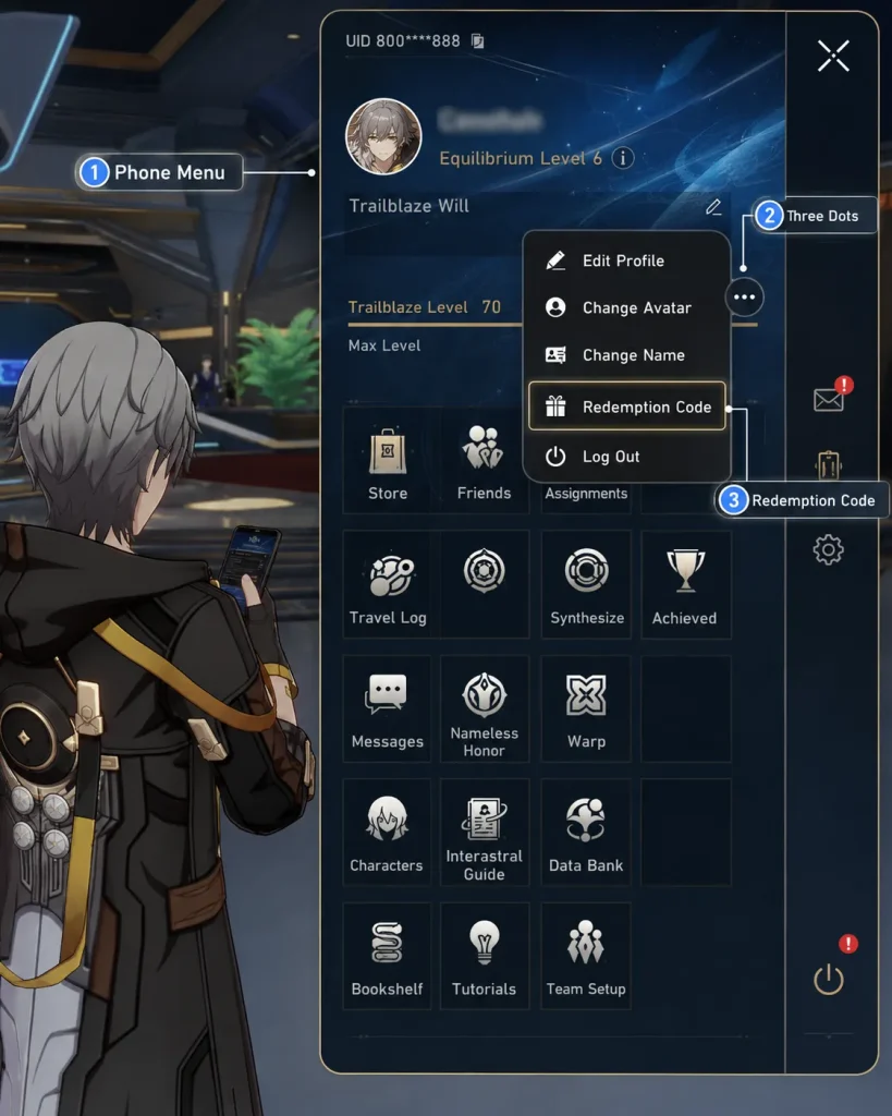 How to redeem HSR codes through the in-game phone menu