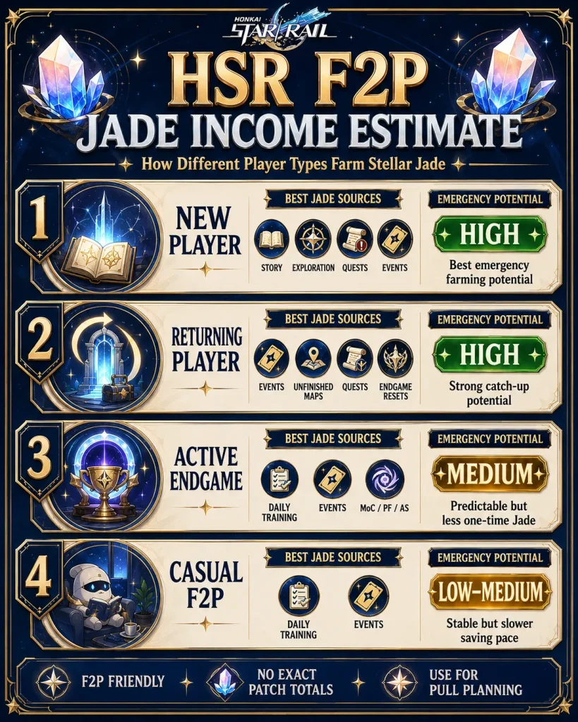HSR F2P Stellar Jade income estimate by new returning endgame and casual players