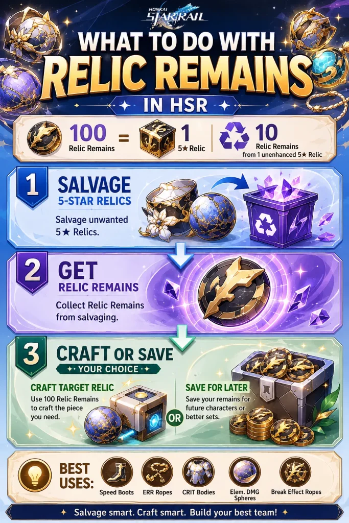 Spend or save Relic Remains HSR decision flowchart for crafting relics