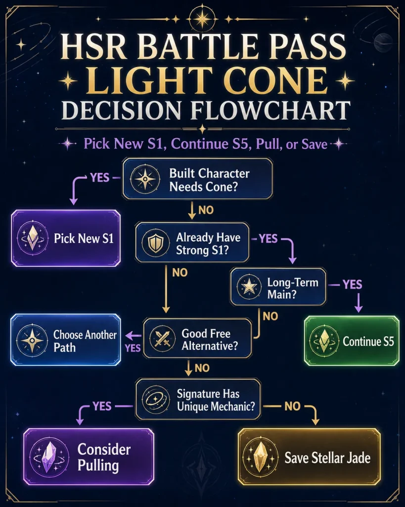 HSR Battle Pass Light Cone pick S5 pull or save decision flowchart