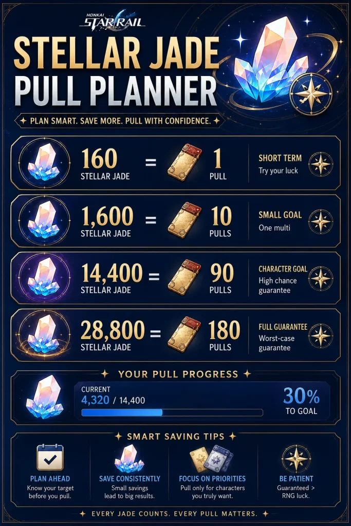 HSR Stellar Jade pull planner showing 160 Jade per pull and saving targets