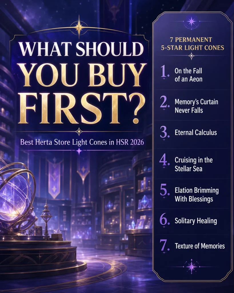 Best Herta Store Light Cones in HSR 2026 ranked by buy order and S5 priority